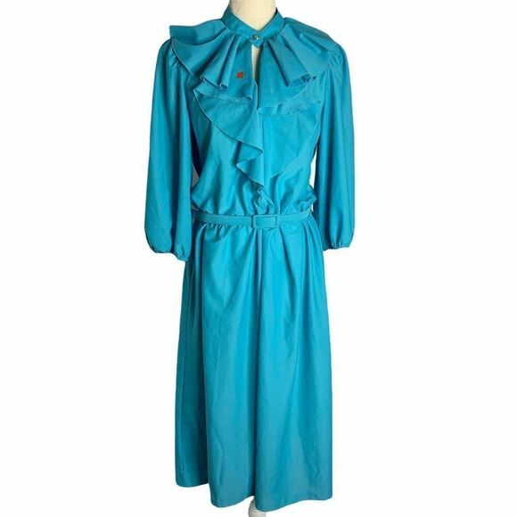 Vintage Key Hole Ruffle Midi Dress M Blue - Picture 8 of 10